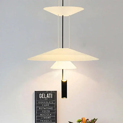 Modern tiered DecorBites LED Saucer pendant light with three frosted glass shades suspended by black rods and cables