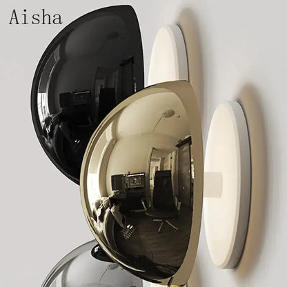 DecorBites led Scandinavian sconce wall lamp with black and gold spherical mirrors on white background for modern decor