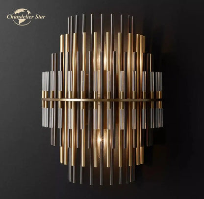 Modern decorbites led sconce lamp with vertical brass and matte black rods and clear glass for bedroom and living room lighting