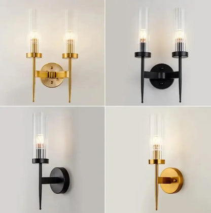 Modern minimalist decorbites led sconce with metallic gold or black finish and clear glass shades for bedroom and home use