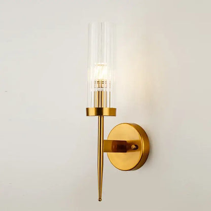 Gold-toned metal decorbites led sconce with clear glass cylinder and exposed bulb for bedroom and home use