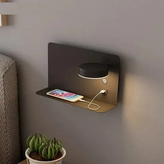 Modern matte black DecorBites led shelf wall lamp with integrated led light and usb charging port for bedside use