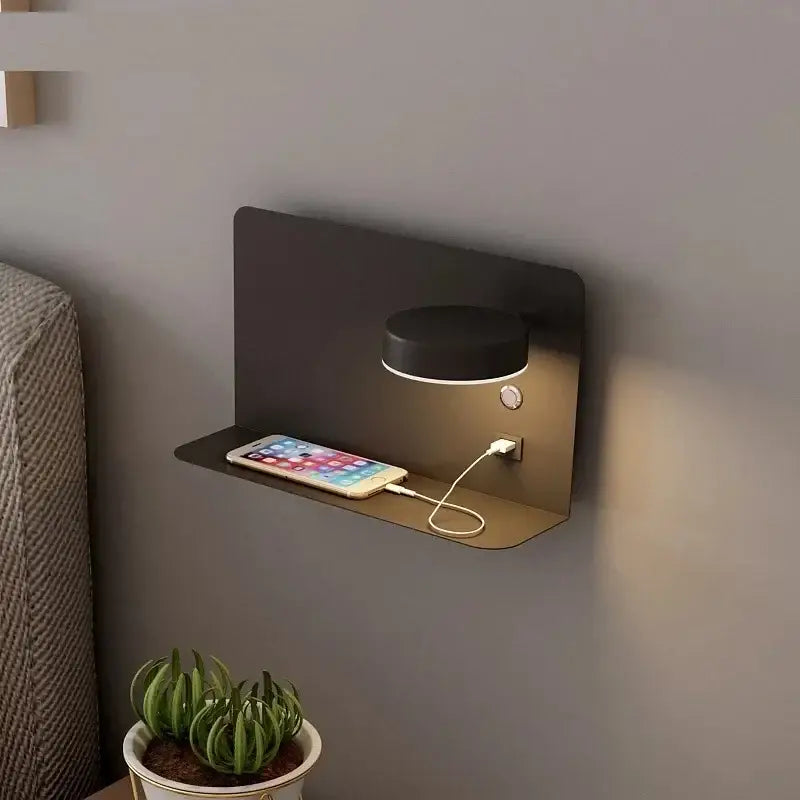 Modern matte black DecorBites led shelf wall lamp with integrated led light and usb charging port for bedside use