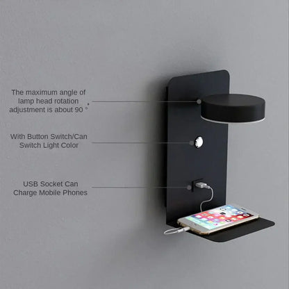 Black decorbites led shelf wall lamp with adjustable head usb charging port and wall-mounted design