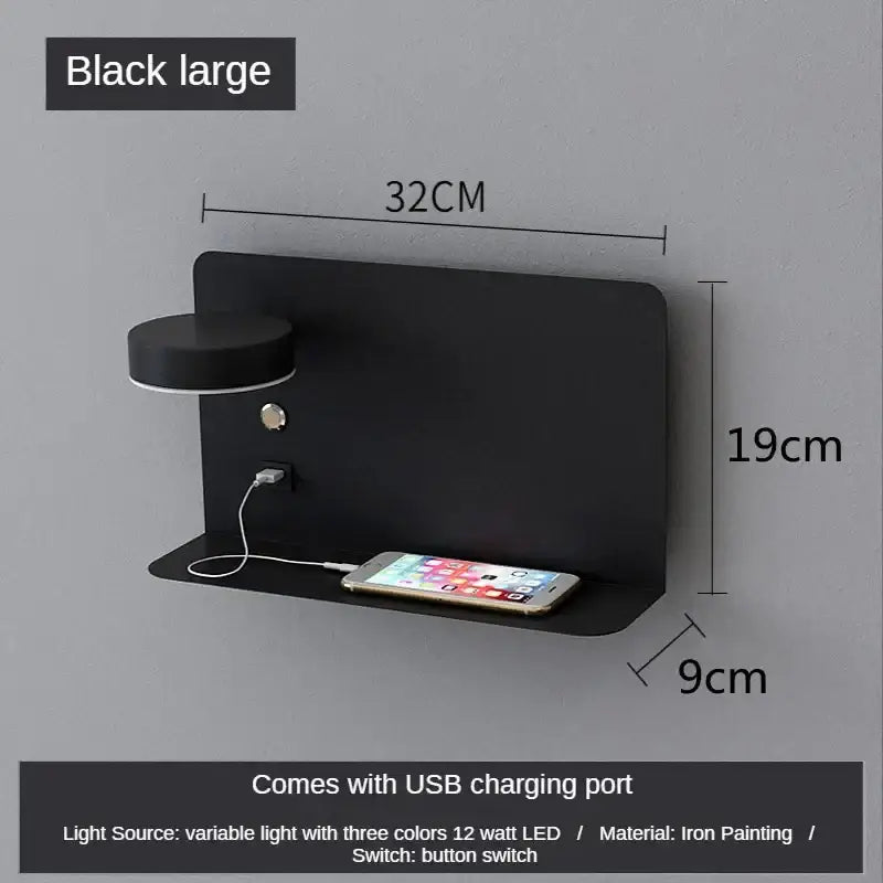 Black decorbites led shelf wall lamp with usb charging port led light and wall-mounted phone charger port