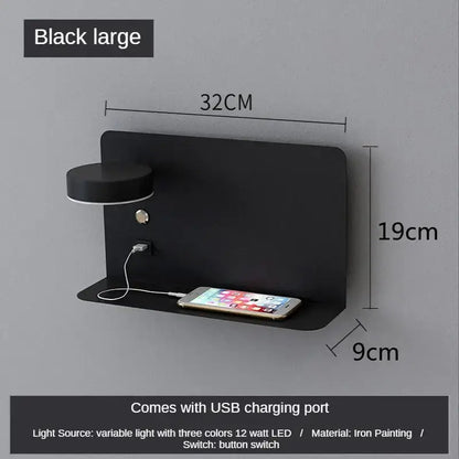 Black decorbites led shelf wall lamp with usb charging port led light and wall-mounted phone charger port