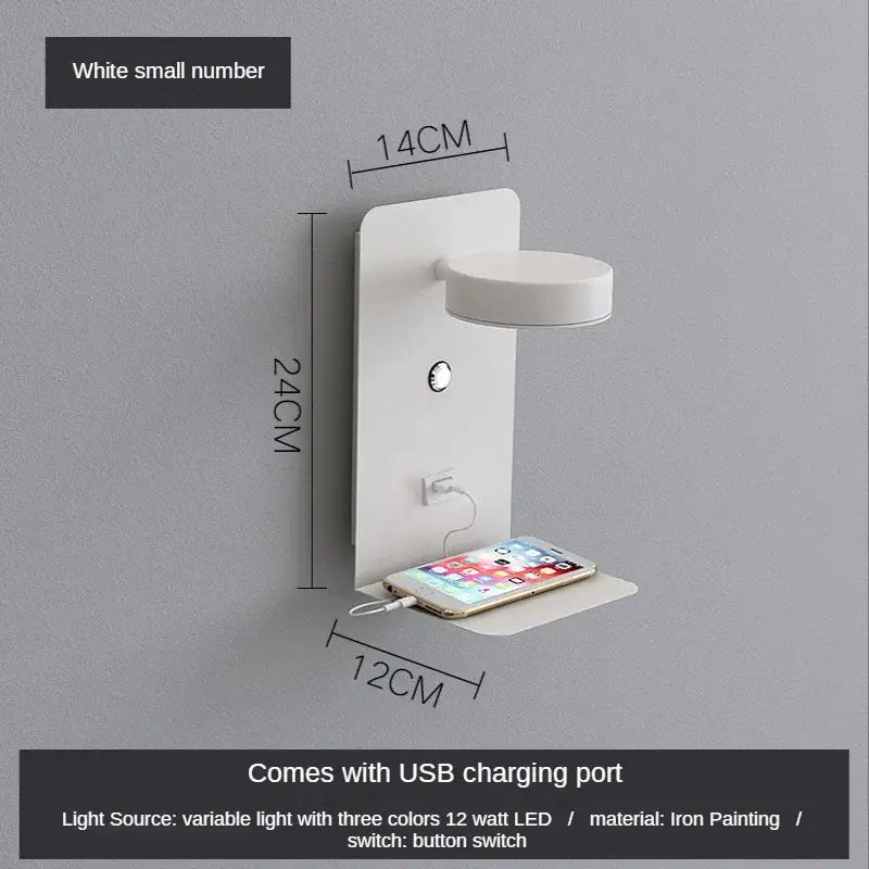 White DecorBites LED shelf wall lamp with circular light head and integrated USB charging port and switch
