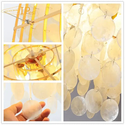 Decorbites led shell chandelier featuring a delicate white shell design with a gold chrome metal frame and hanging discs