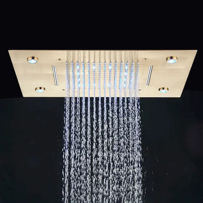 Gold-colored rectangular decorbites led shower faucet with multiple water streams and integrated led lights ceiling mount