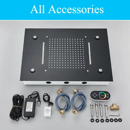 Black rectangular decorbites led shower faucet panel with water jets and accessories including rgb remote and mounting hardware