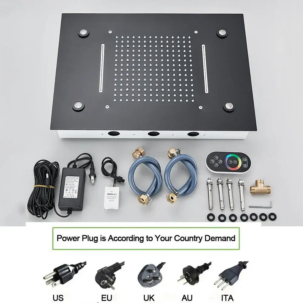 Black rectangular decorbites led shower faucet set with grid water jets rain waterfall slots installation hardware and rgb remote