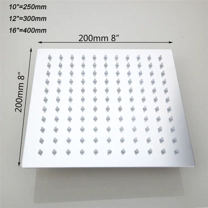 Square white DecorBites™ LED shower head with temperature control and evenly spaced rounded nozzles for a modern led shower experience