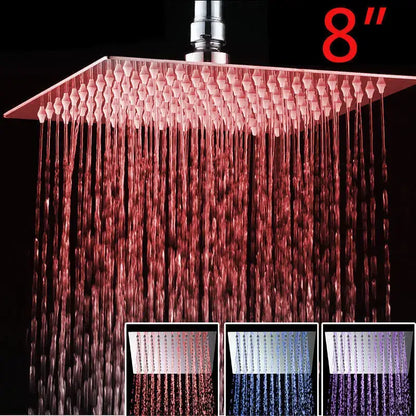 Rose gold decorbites™ led shower head square with crystal droplet nozzles and temperature control lighting