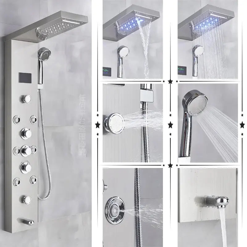 Modern chrome shower panel with rectangular rainhead handheld sprayer and multiple knobs in decorbites led shower panel