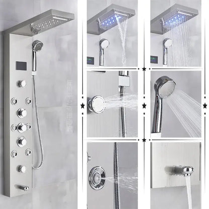 Modern chrome shower panel with rectangular rainhead handheld sprayer and multiple knobs in decorbites led shower panel