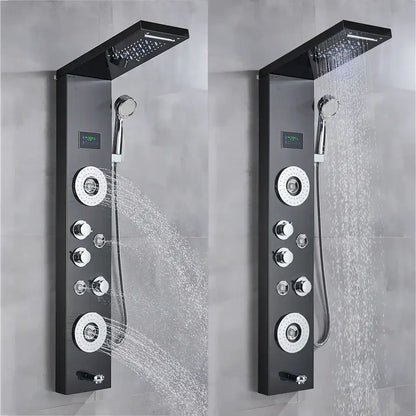 Black DecorBites led shower panel with chrome accents multiple spray settings and temperature screen for bathtub mixer tap