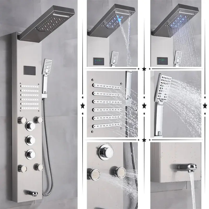 Modern brushed stainless steel decorbites led shower panel with rectangular rainhead handheld spray and temperature screen