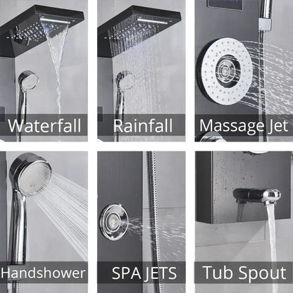 Modern chrome shower panel with waterfall rainfall massage jets handshower spa jets and temperature screen decorbites led shower panel
