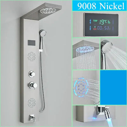 Decorbites™ 9008 nickel led shower panel with digital temperature display multiple spray settings rainfall waterfall back jet