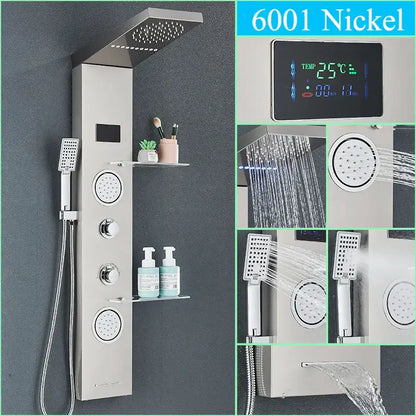 Decorbites™ led shower panel column faucet in 6001 nickel finish with digital display multiple spray heads and shelves