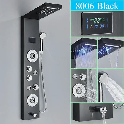 Black 8006 model led shower panel with multiple spray heads, chrome accents, and rainfall waterfall mixer tap by DecorBites