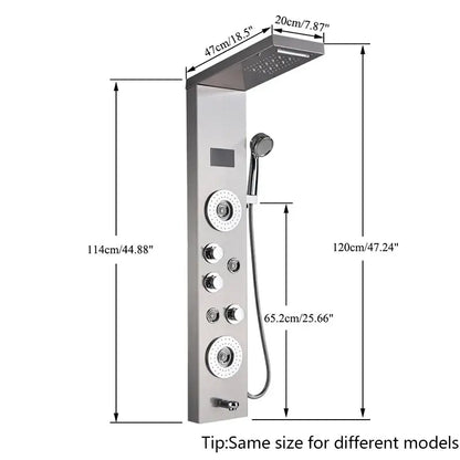 Modern chrome-finished decorbites™ led shower panel with rectangular rainhead and multiple control knobs for precise use