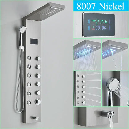 Nickel-finished decorbites led shower panel column faucet with digital temperature display and multiple spray settings