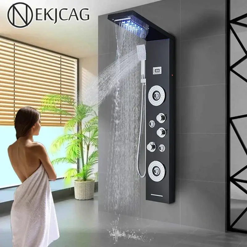 Black nekjcag DecorBites™ led shower panel with rectangular rainhead and multiple control knobs for spa bathroom use