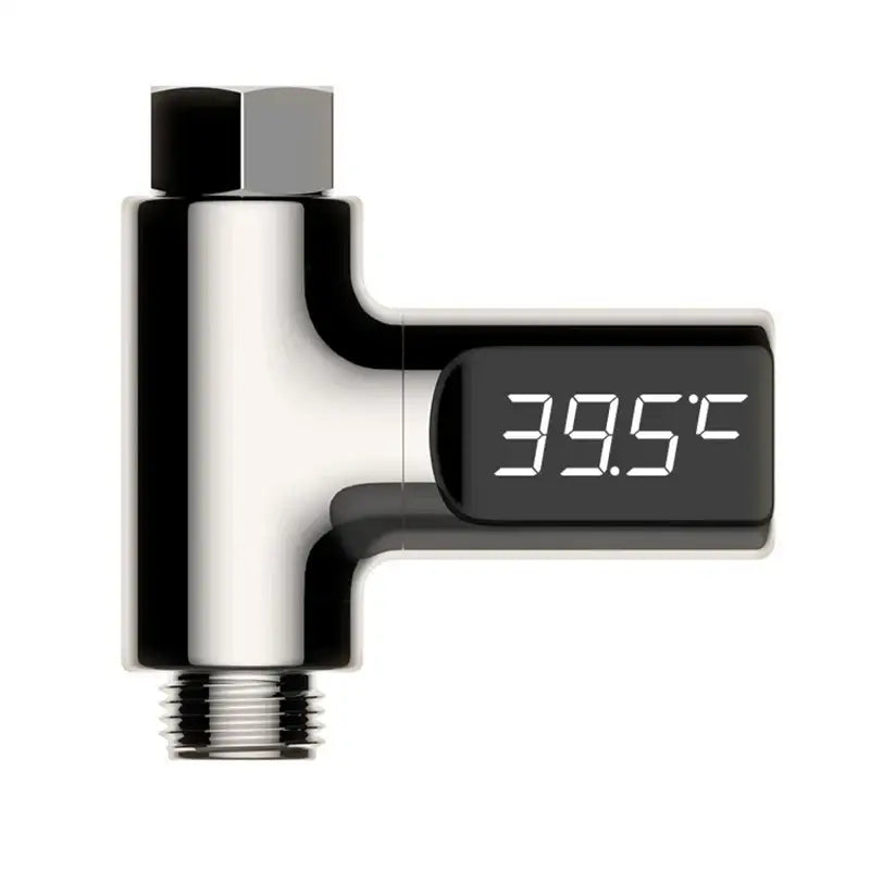Modern chrome shower thermometer DecorBites led shower thermometer with sleek black display showing 39.5°c temperature