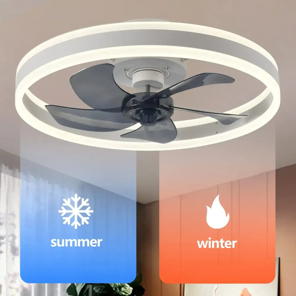 DecorBites™ modern ceiling fan light with integrated LED, white circular frame, dark gray blades for indoor use