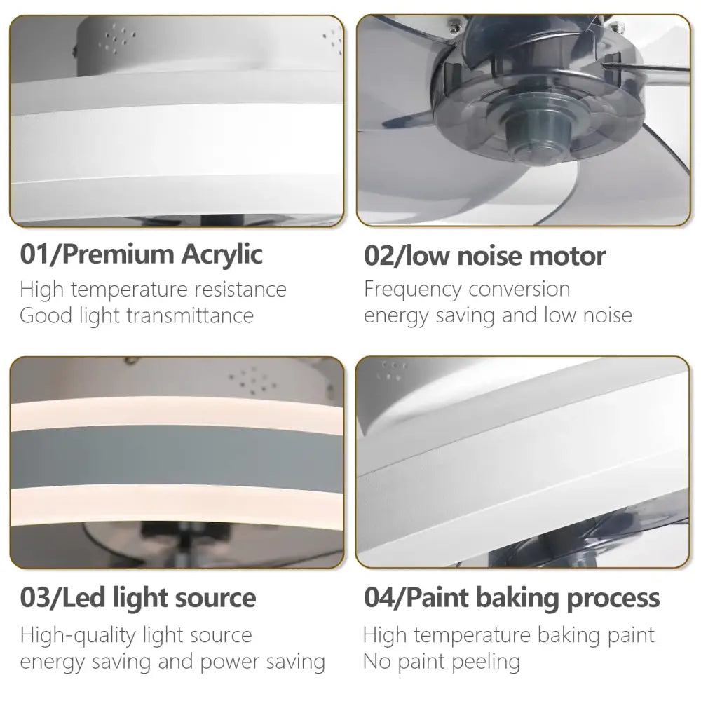 White acrylic DecorBites™ LED silent ceiling fan light with chrome motor housing for modern indoor decor