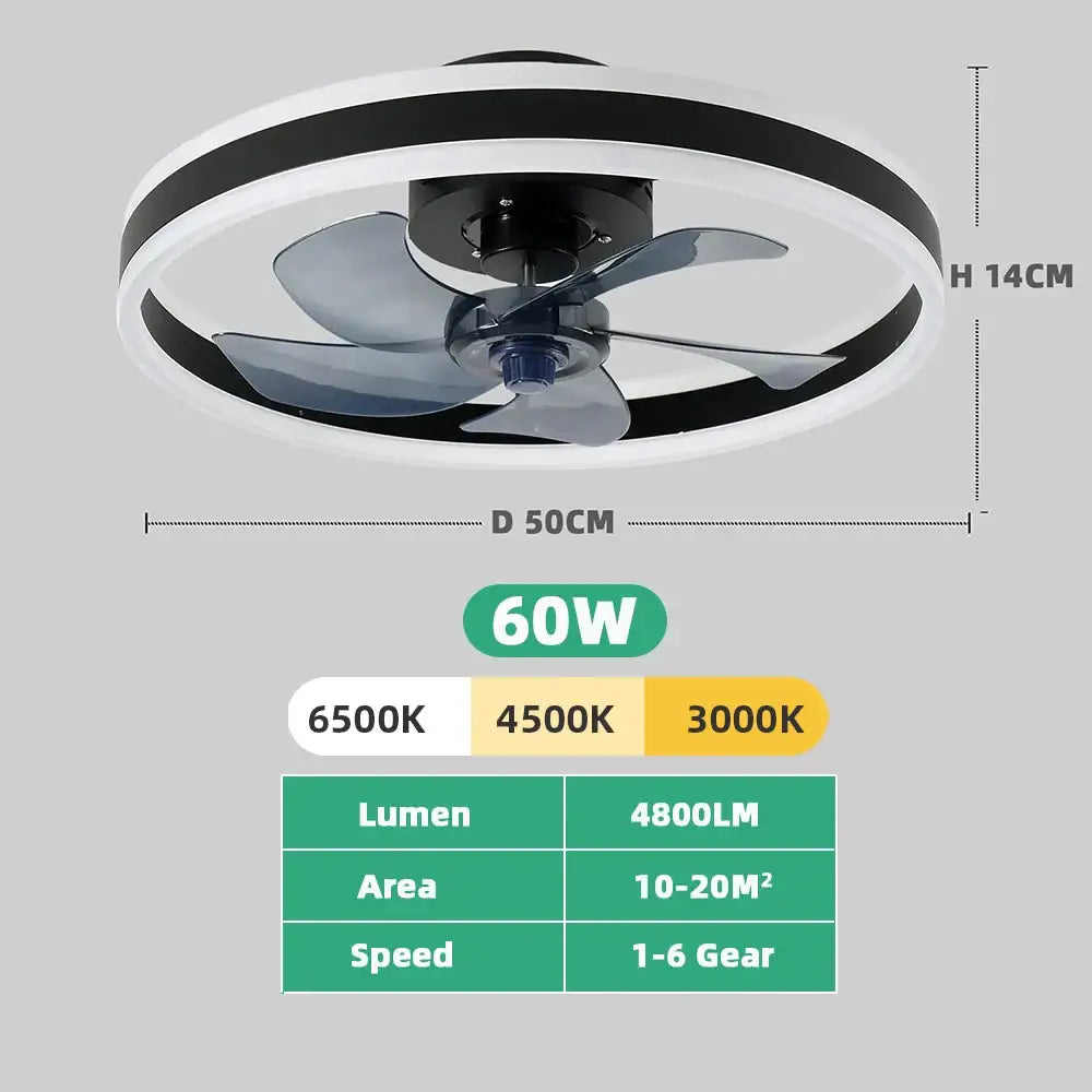DecorBites™ modern black and white circular ceiling fan light with integrated LED for silent indoor use