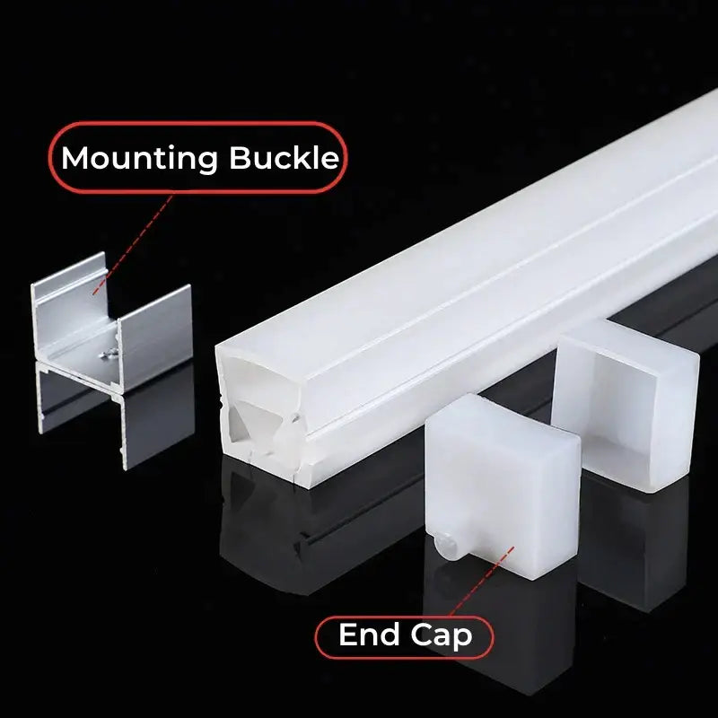 White translucent led strip light with silicone tube end caps and silver mounting buckle by DecorBites™
