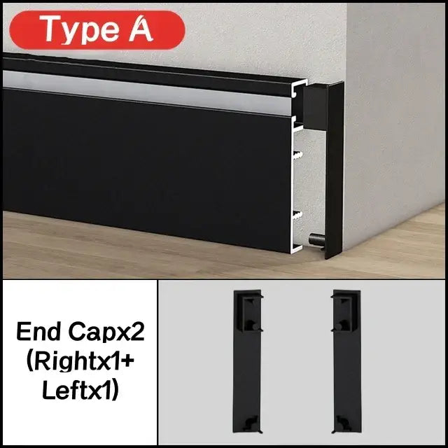 Black aluminum baseboard trim with sleek modern profile and matching end caps for led skirting aluminum profiles