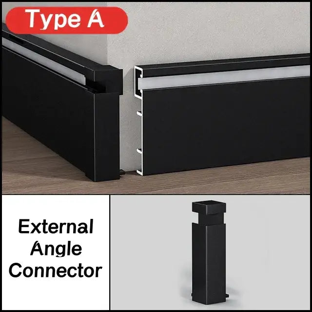Black external angle connector for DecorBites™ brushed gold and black led skirting aluminum profiles baseboard installation