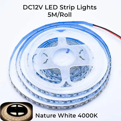 Blue dc12v led strip lights 5m roll with nature white 4000k illumination in DecorBites aluminum profile baseboard for led skirting
