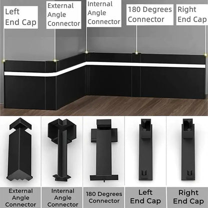 Black corner protection system with labeled connectors and end caps for decorbites led skirting aluminum profile baseboard