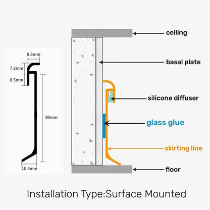 Black surface-mounted silicone diffuser with 80mm height and precise markings for decorbites led skirting line aluminum profiles