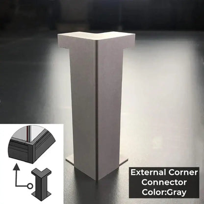 Gray aluminum l-shaped external corner connector with metallic finish for decorbites led skirting line strip light installation