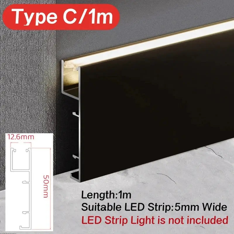 Black aluminum led skirting profile with sleek modern design and integrated lighting channel for recessed baseboard light strip