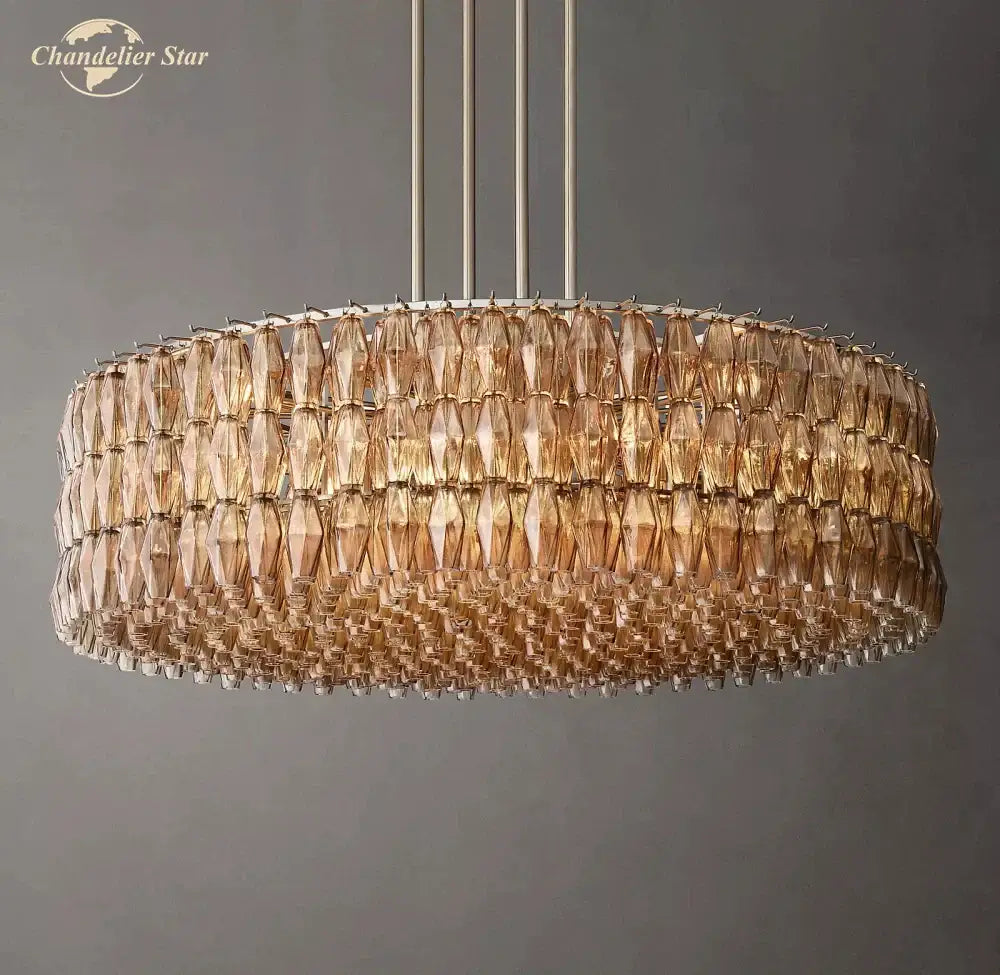 DecorBites LED smoke tiered amber glass chandelier with faceted crystal elements for living room decor