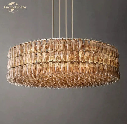DecorBites LED smoke tiered amber glass chandelier with faceted crystal elements for living room decor