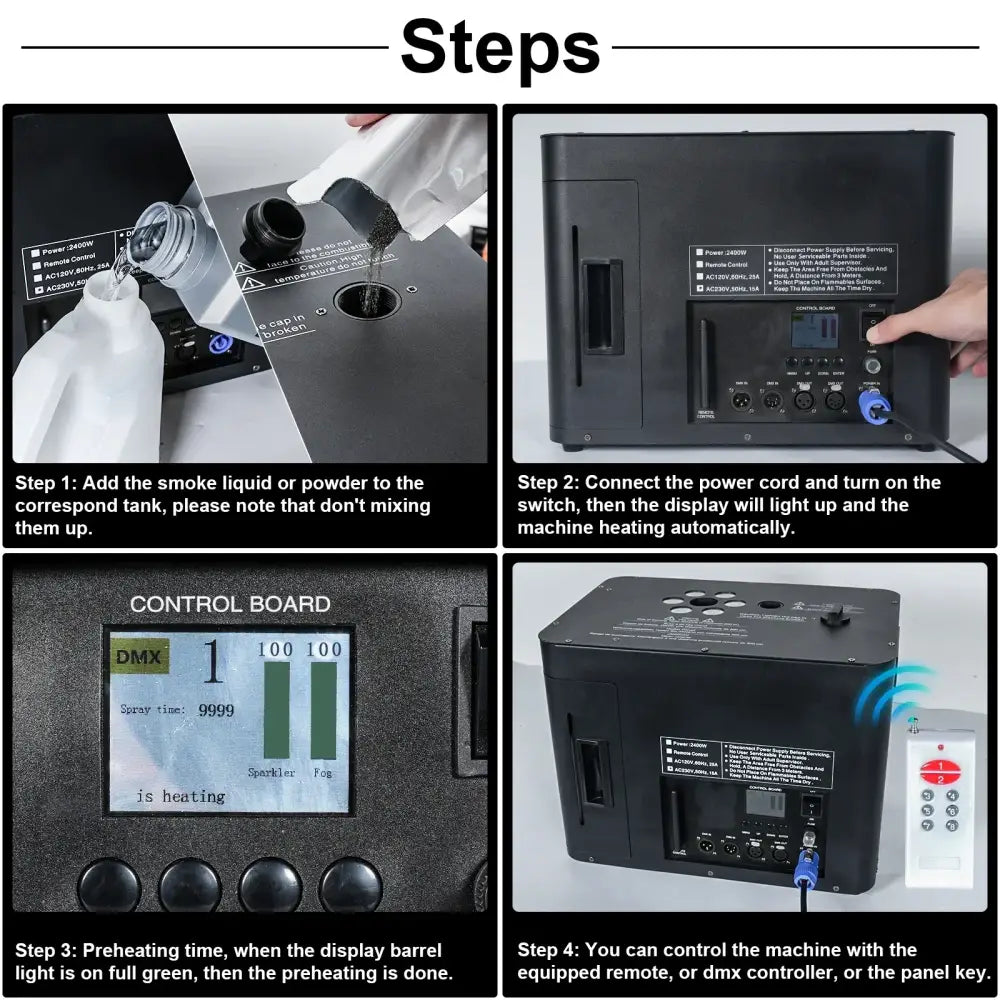 Black rectangular decorbites led smoke spray flower machine with digital display control panel and remote for stage events