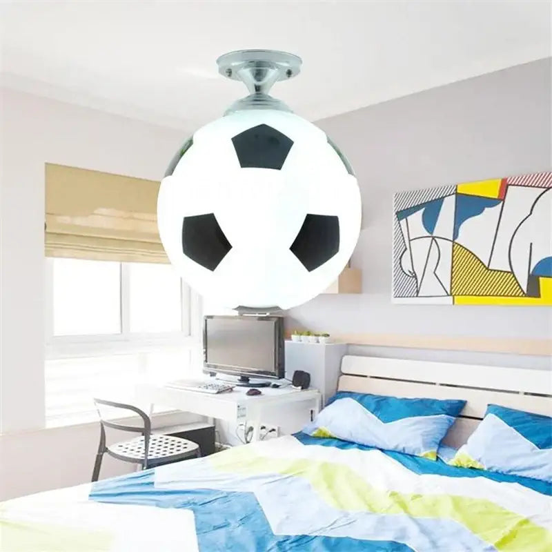 Decorbites led soccer ball ceiling light in white and black with metallic base for boys room indoor lighting fixture