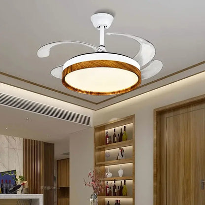 Decorbites™ led solid wood round ceiling fan light with remote control features white hub, silver blades, and warm wood ring fan light