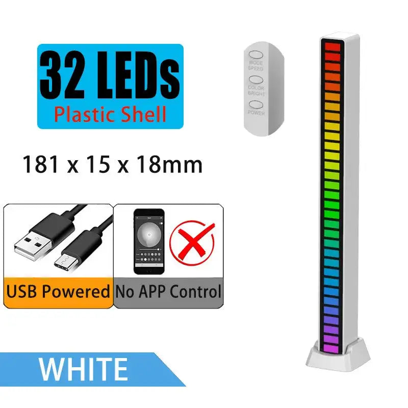 White plastic DecorBites LED sound light bar with 32 colorful vertical lights and remote for sound control