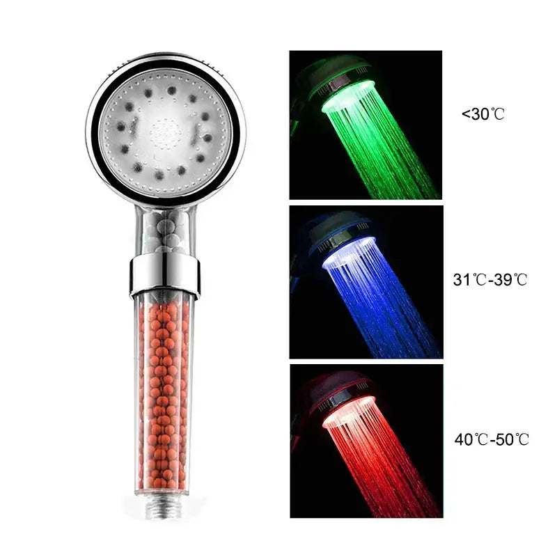 A sleek chrome decorbites led spa shower head with transparent body containing orange beads and temperature sensor led lights