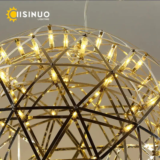 Golden geometric stainless steel pendant light with illuminated led bulbs from DecorBites led spark ball chandelier