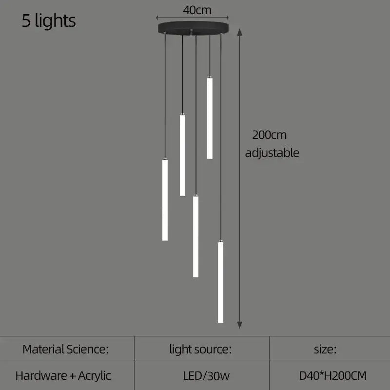 Decorbites™ black circular led spiral ceiling chandelier with five adjustable white acrylic light bars for home lighting