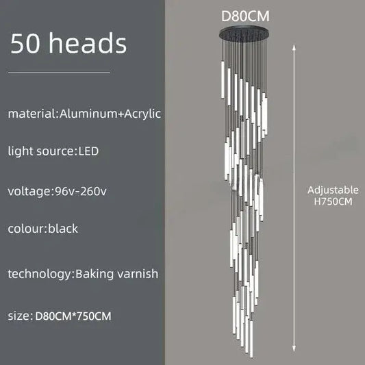 Black modern DecorBites™ led spiral ceiling chandelier with 50 LED heads made of aluminum and acrylic for home lighting